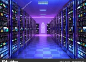 Modern web network and internet telecommunication technology, big data storage and cloud computing computer service business concept: 3D render illustration of the server room interior in datacenter in blue light