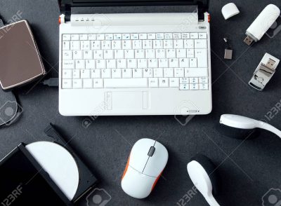 Computer peripherals & laptop accessories. Composition on stone counter